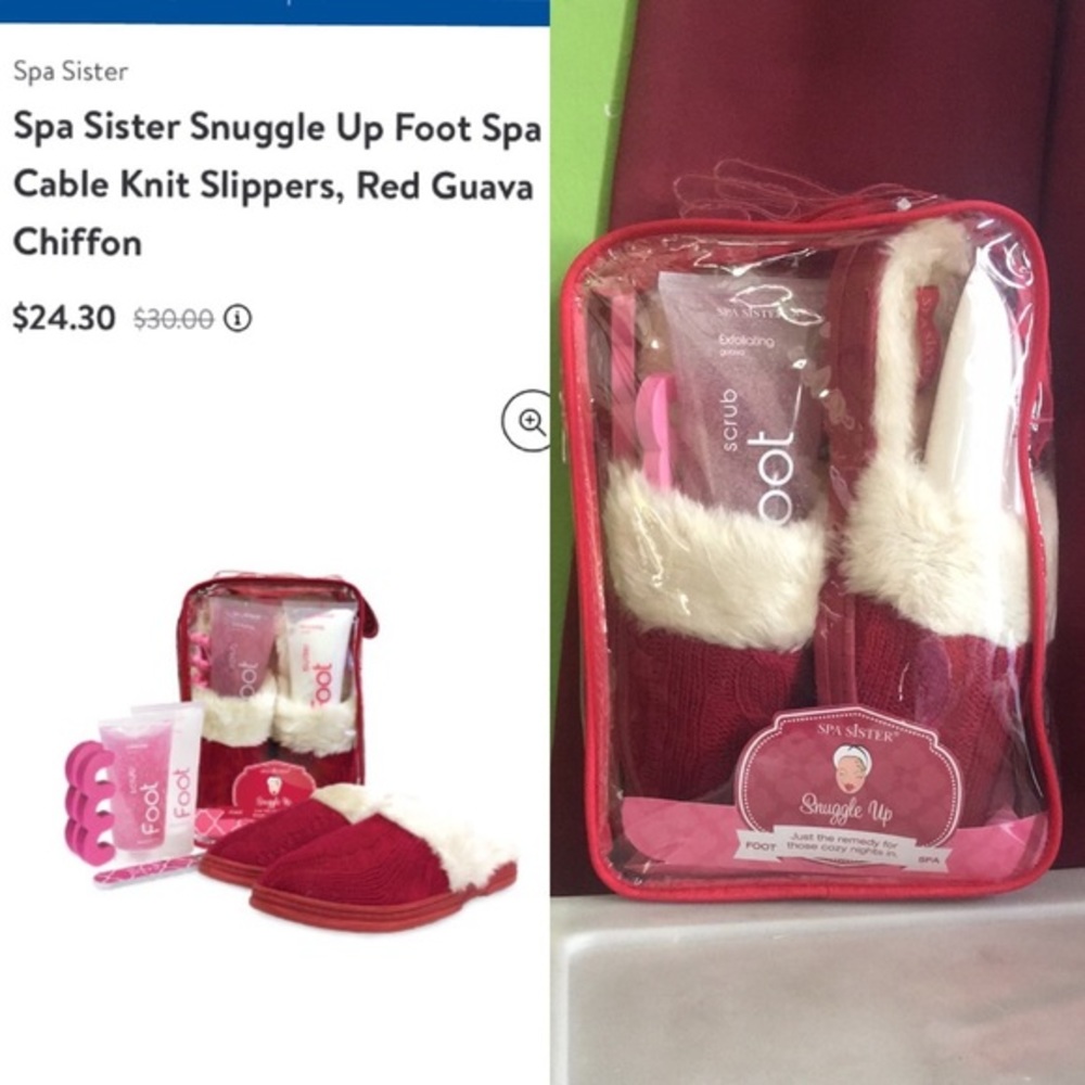 Spa Sister Snuggle-Up Foot Spa Cable Knit Slippers, Red Guava Chiffon